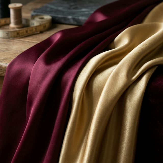 Luxurious sateen fabric with glossy sheen in burgundy and gold at Chokcharoen Phuket
